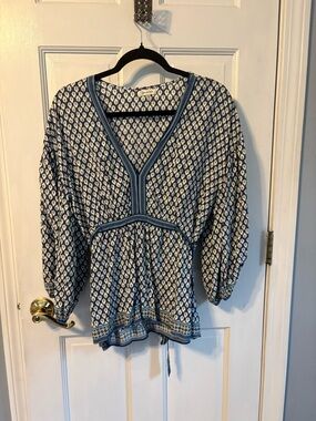 Max Studio Blue Printed V-Neck Boho Tunic